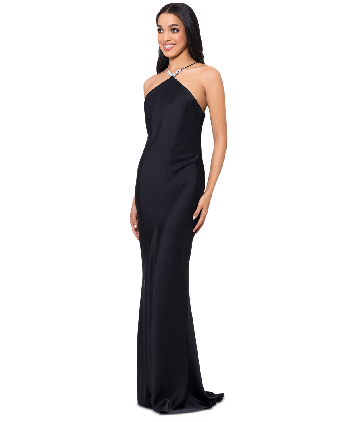Shop Betsy & Adam Women's Pave-bead Satin Halter Gown In Black