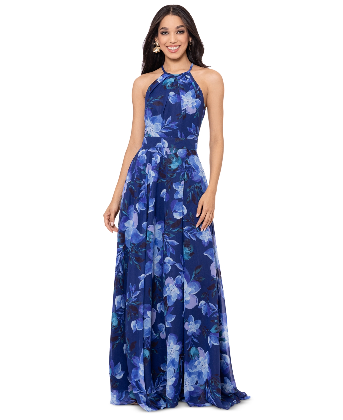 Betsy & Adam Women's Floral-print Halter Gown In Blue Multi