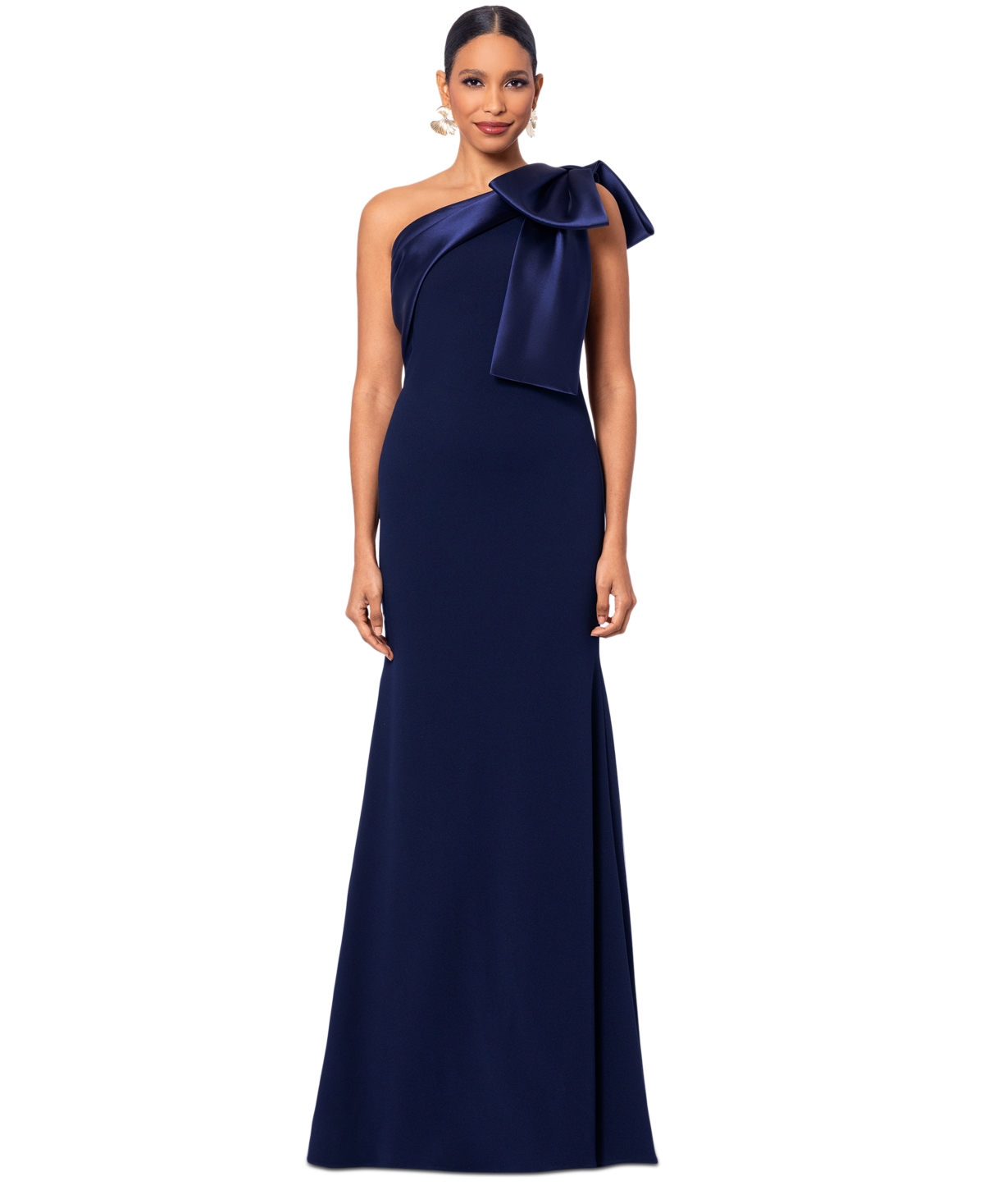 Shop Betsy & Adam Women's Bow-trimmed One-shoulder Gown In Navy
