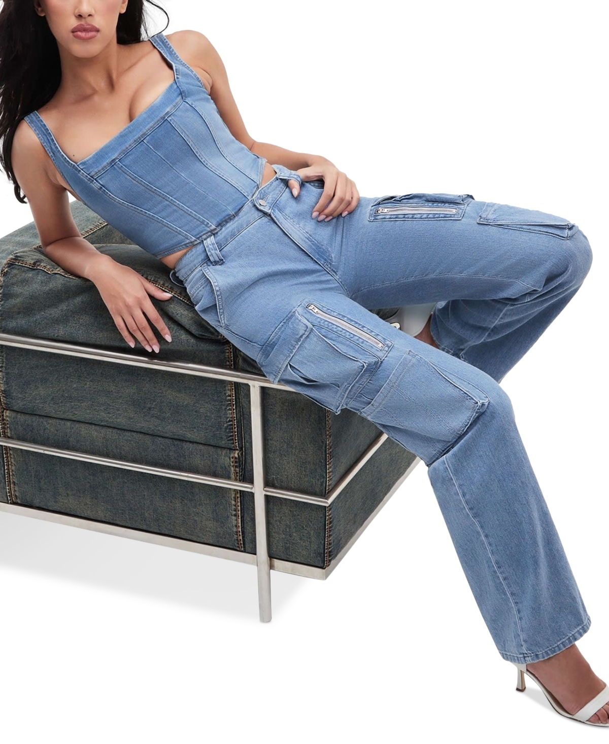 Shop Guess Women's Kori High Rise Wide Leg Cotton Cargo Jeans In June Lake