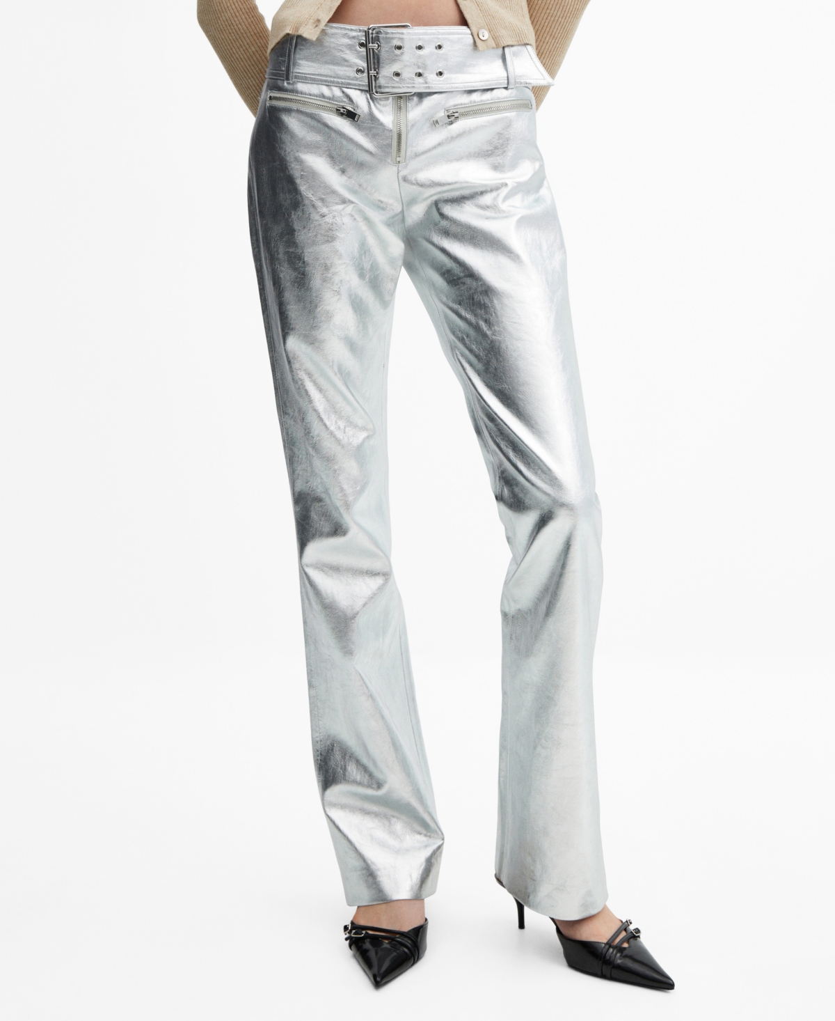Mango Women's Belt Detail Metallic Pants In Silver