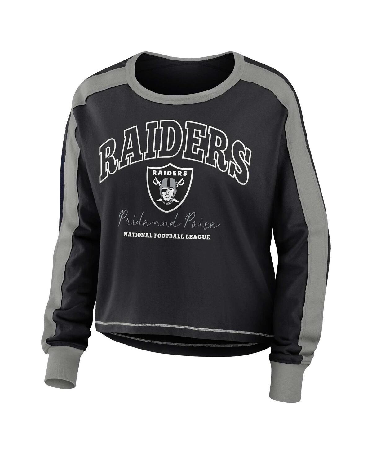 Shop Wear By Erin Andrews Women's  Black, Silver Las Vegas Raiders Color Block Modest Crop Long Sleeve T-s In Black,silver