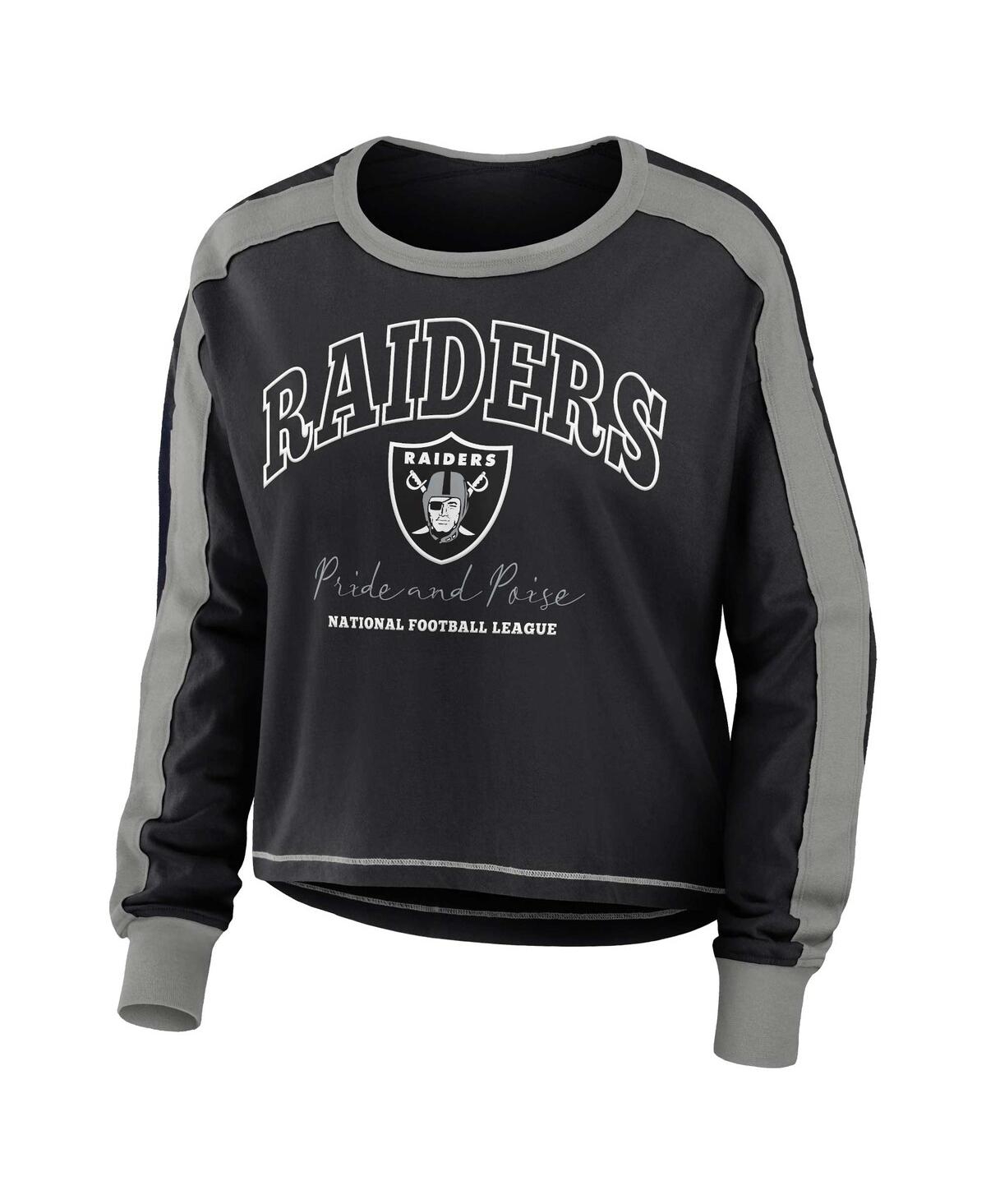 Wear By Erin Andrews Women's  Black, Silver Las Vegas Raiders Color Block Modest Crop Long Sleeve T-s In Black,silver