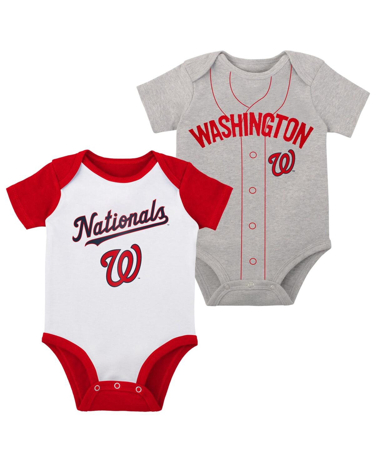 OUTERSTUFF BABY BOYS AND GIRLS WHITE, HEATHER GRAY WASHINGTON NATIONALS TWO-PACK LITTLE SLUGGER BODYSUIT SET