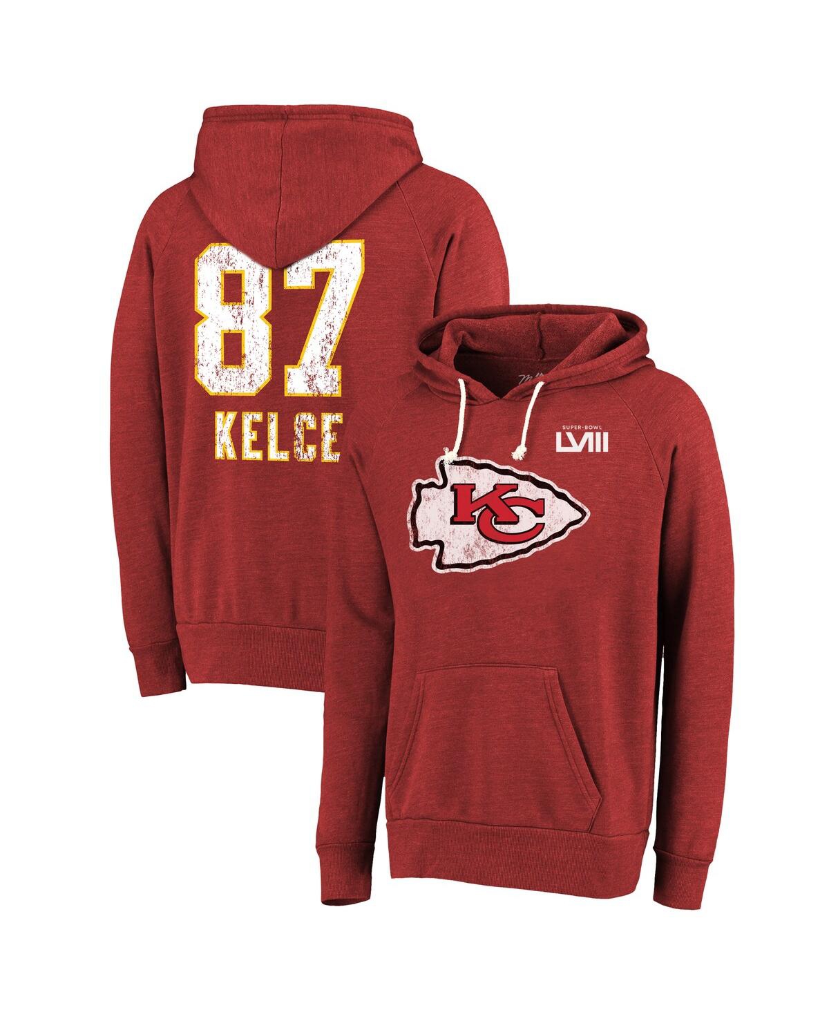 Men's Majestic Threads Travis Kelce Red Distressed Kansas City Chiefs Super Bowl Lviii Player Name and Number Tri-Blend Pullover Hoodie - Red