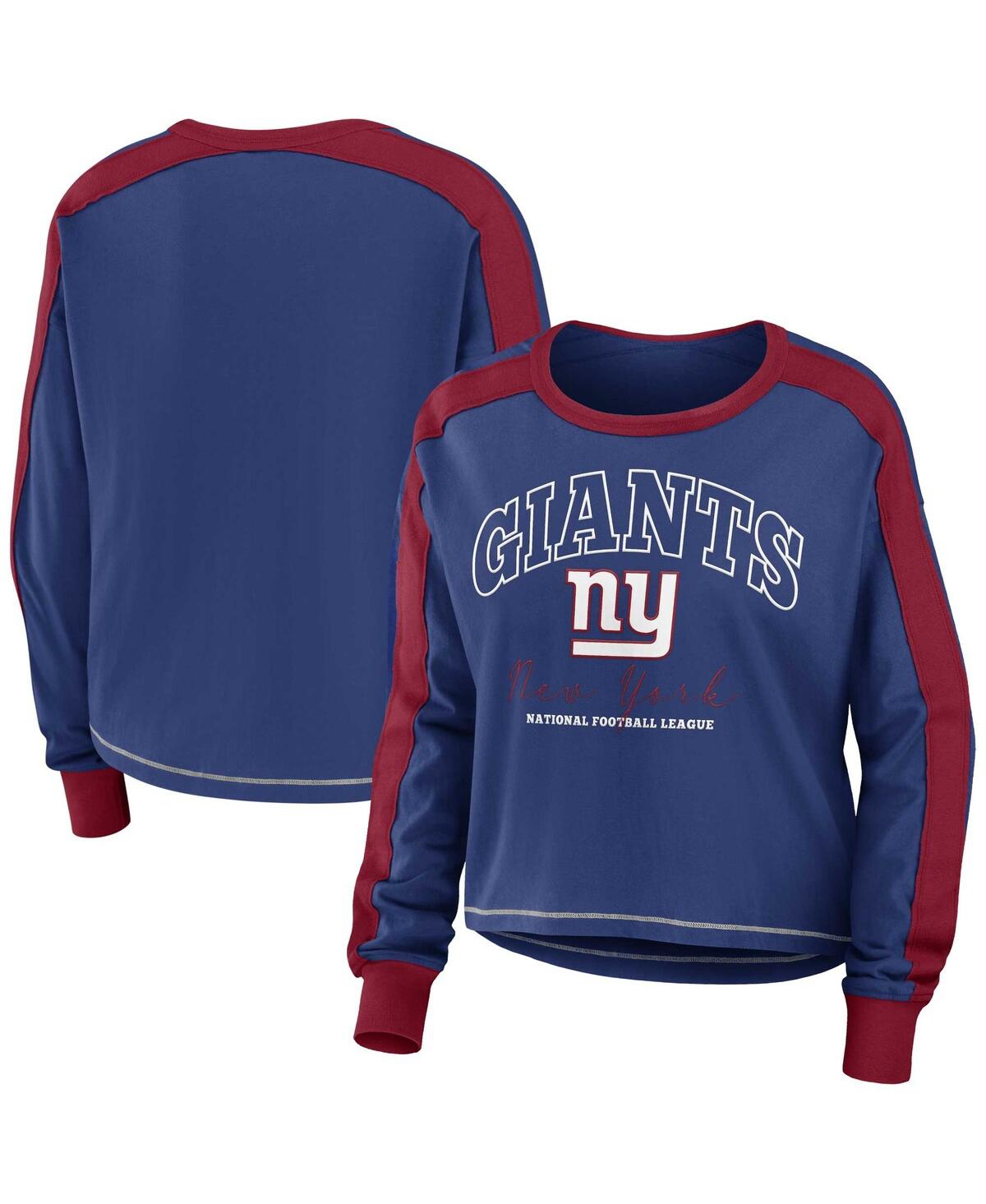 Women's Wear by Erin Andrews Royal, Red New York Giants Color Block Modest Crop Long Sleeve T-shirt - Royal, Red
