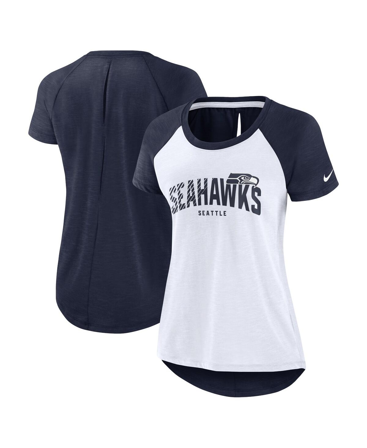 Shop Nike Women's  White, Heather Scarlet Seattle Seahawks Back Slit Lightweight Fashion T-shirt In White,heather Scarlet