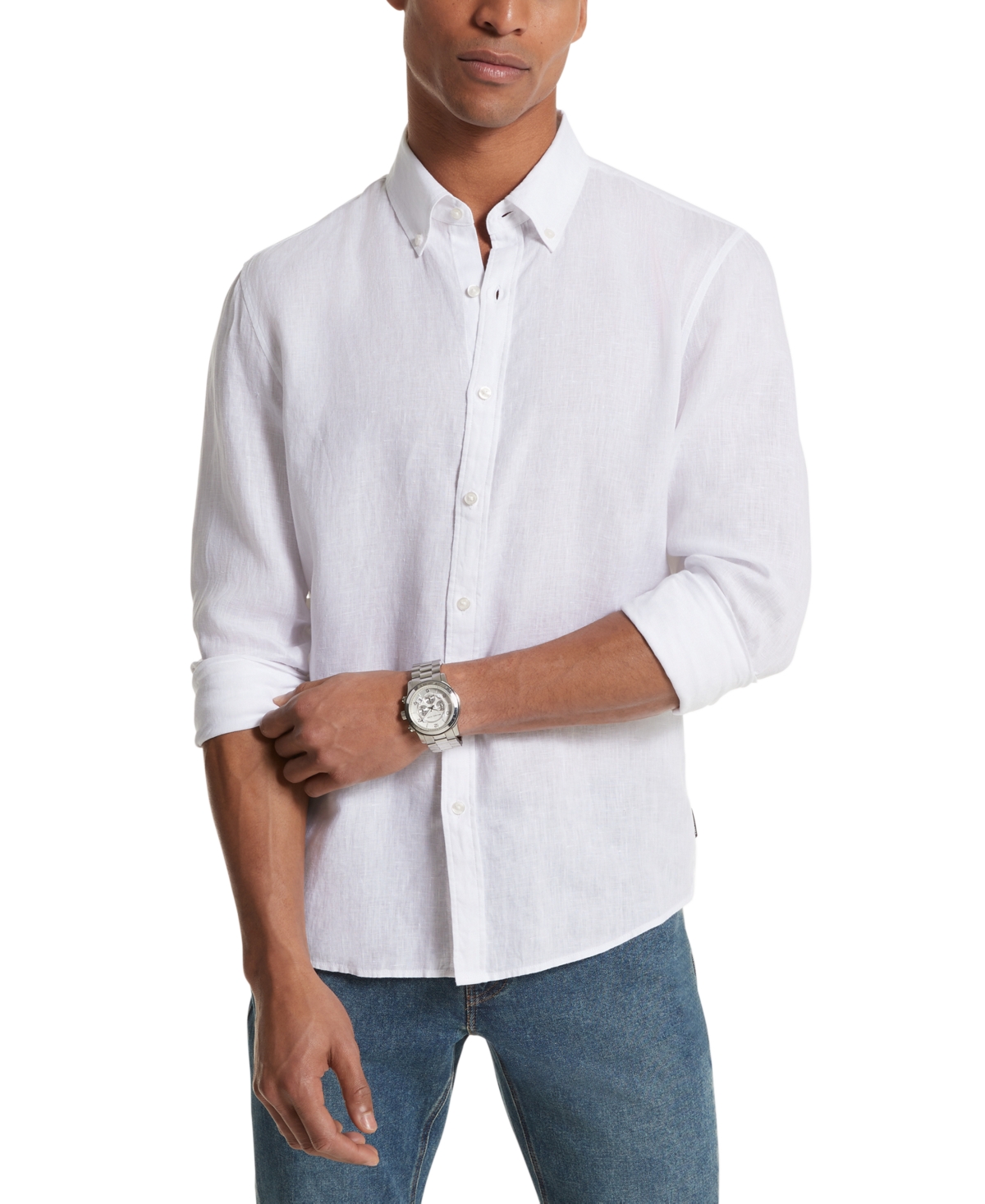 Michael Kors Men's Slim Fit Long Sleeve Button-down Linen Shirt In White