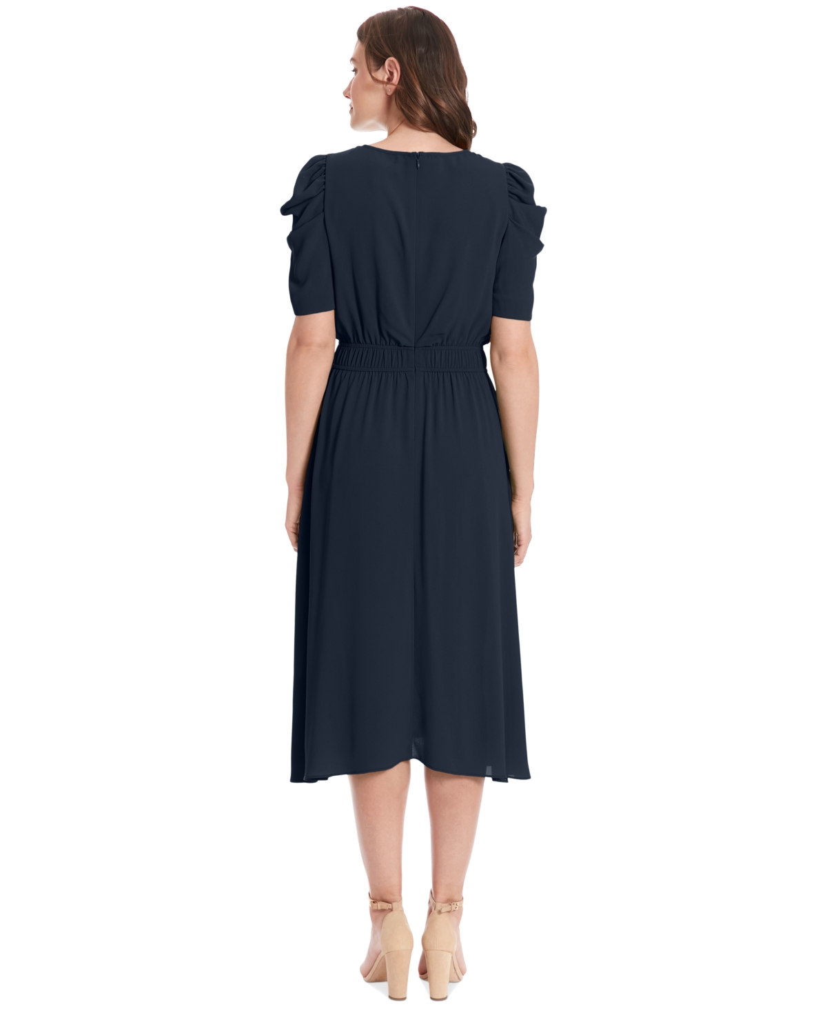 Shop London Times Petite Ruched-sleeve Smocked-waist Dress In Navy
