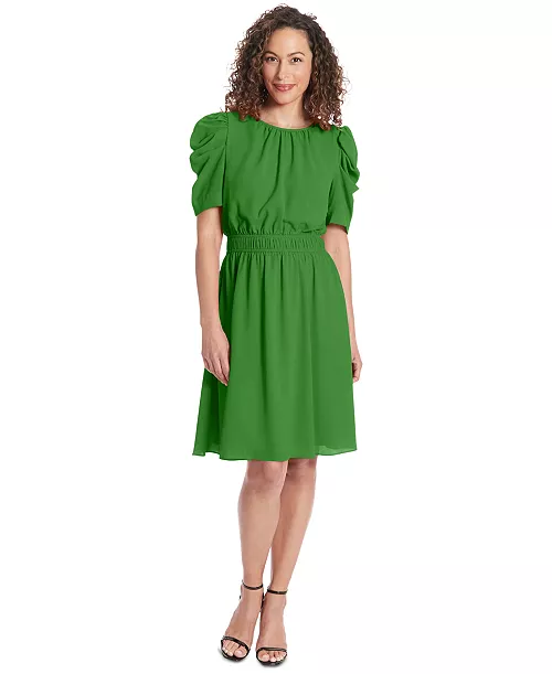 petite caterpillar-sleeve jewel-neck dress