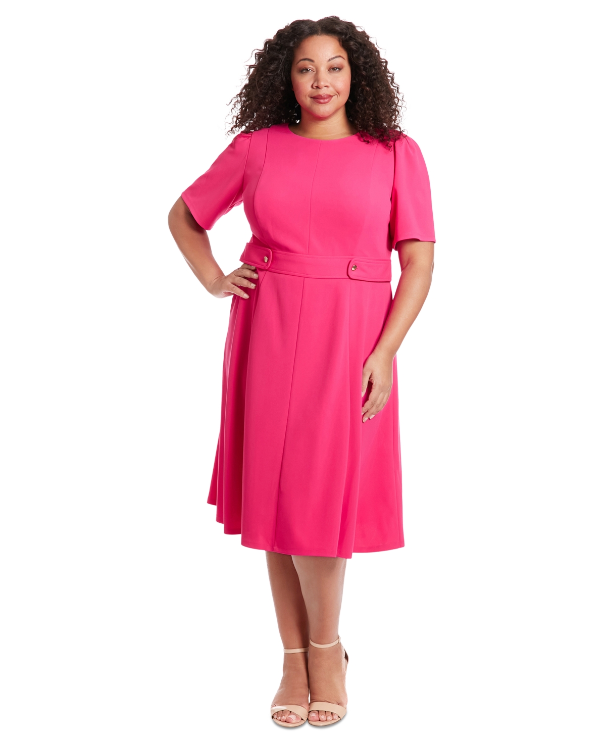 London Times Plus Size Fit & Flare Scuba Crepe Midi Dress In Bright Pink