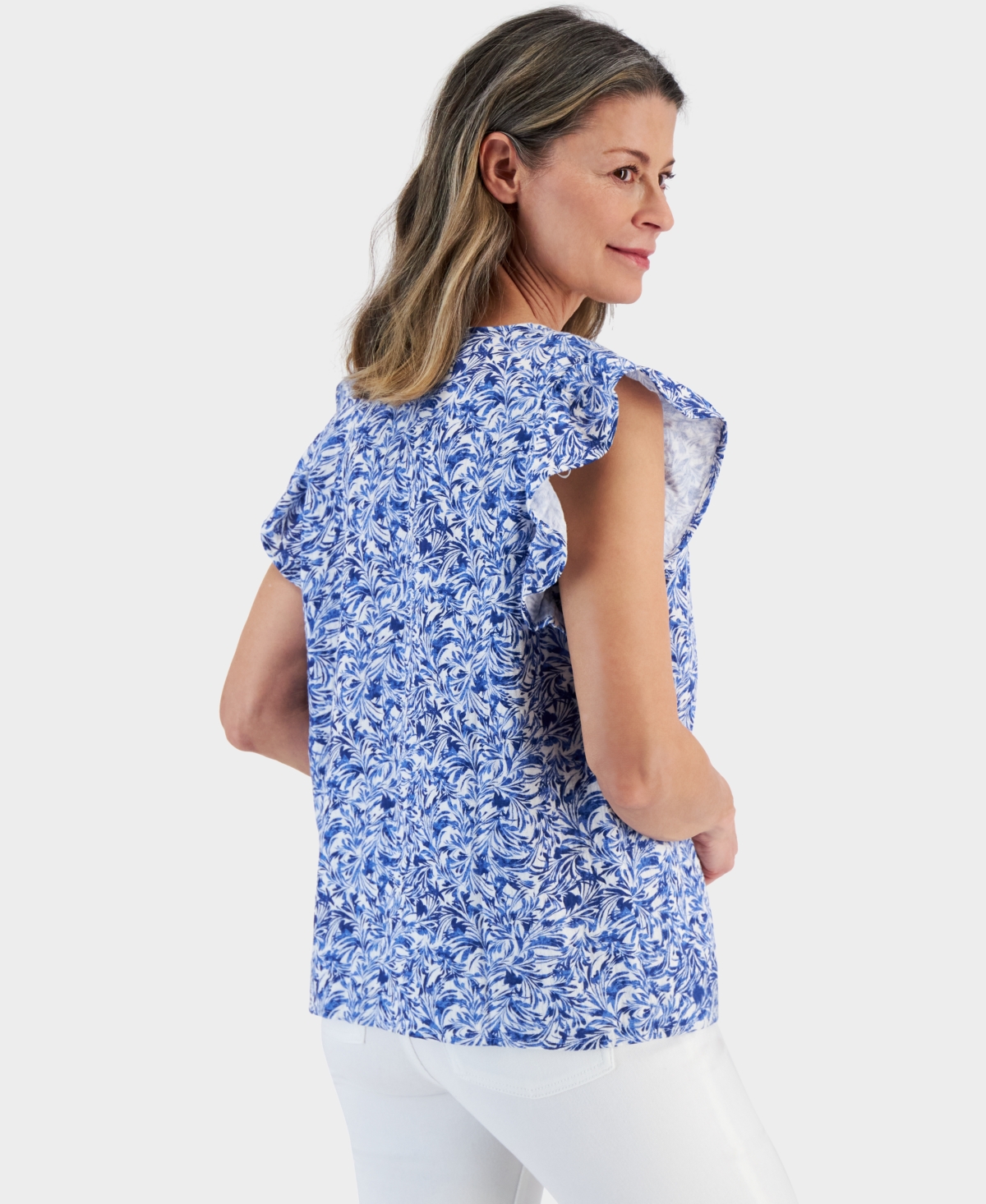 Style & Co Women's Printed Cotton Gauze Flutter Sleeve Top, Created for Macy's