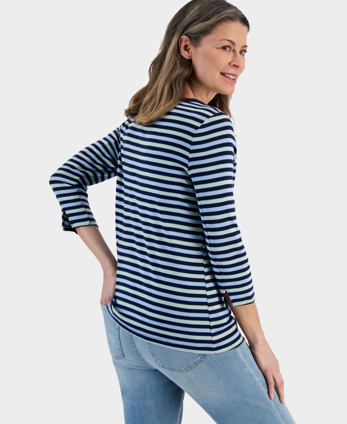 Style & Co Women's Pima Cotton Striped 3/4-Sleeve Top, Created for Macy's