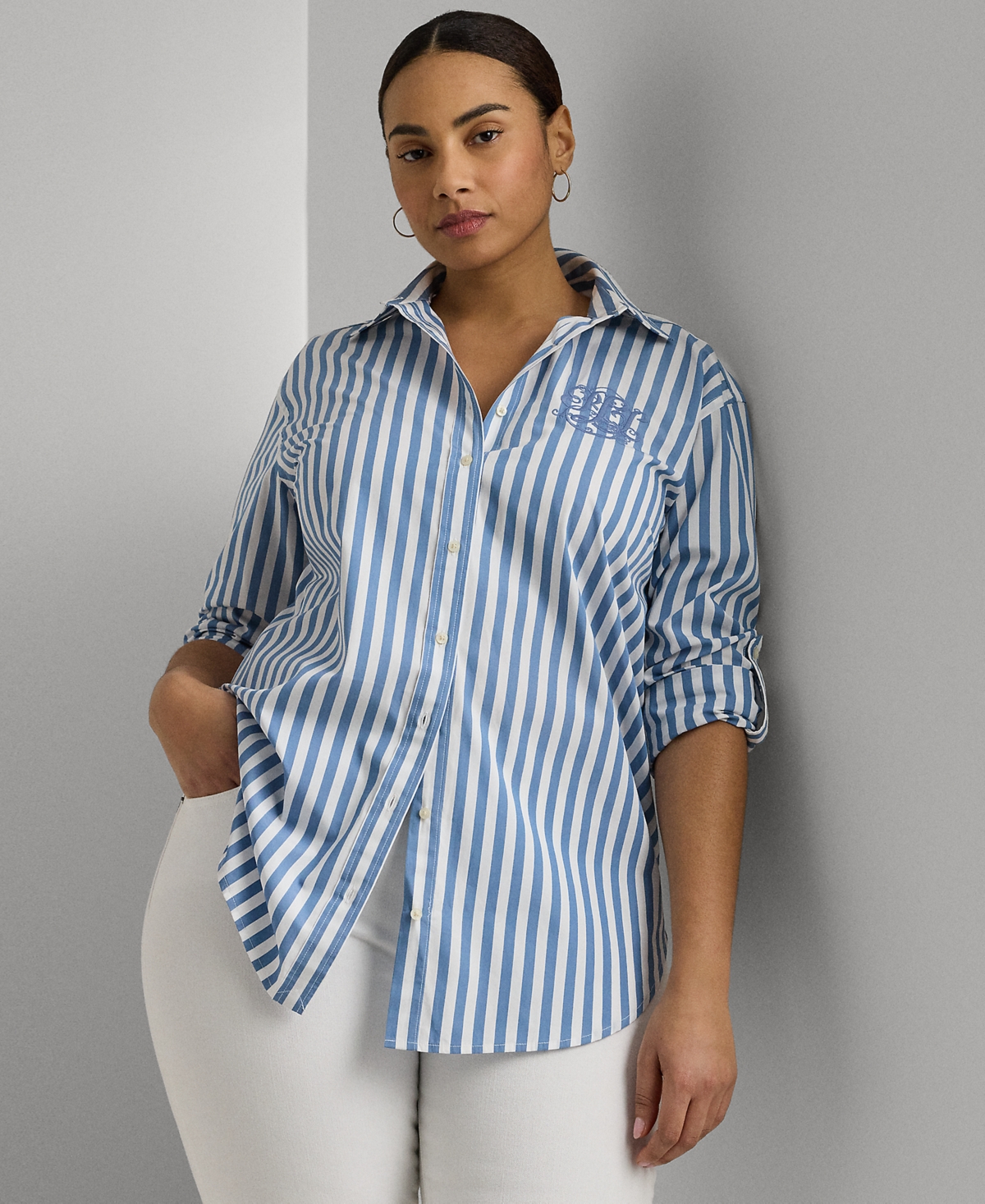 Lauren Ralph Lauren Plus Size Striped Oversized Shirt In Pale Azure,white