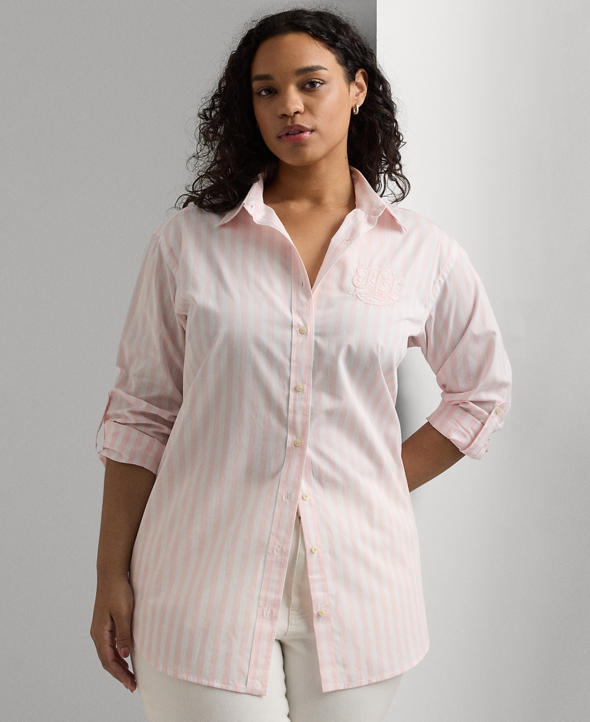 Lauren Ralph Lauren Plus Size Striped Oversized Shirt In Pink Opal,white
