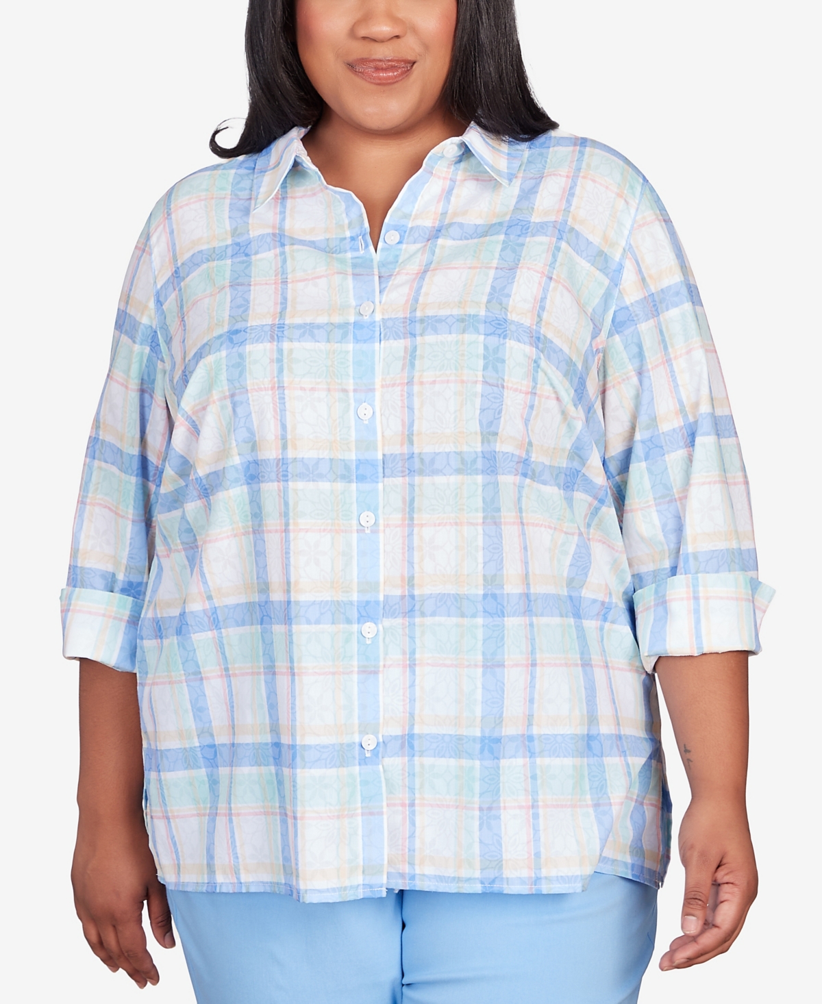 Shop Alfred Dunner Plus Size Classic Pastels Cool Plaid Button Down Top In Lake Blue