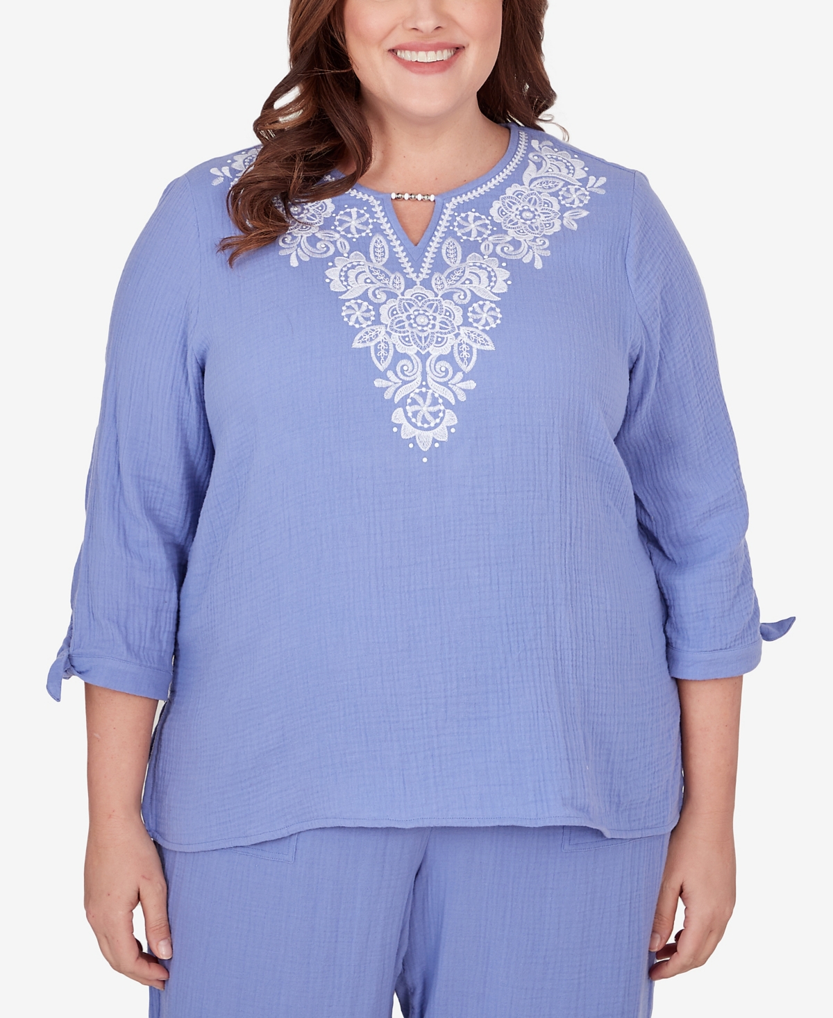 Shop Alfred Dunner Plus Size Summer Breeze Embroidered Top With Tie Sleeves In Lilac