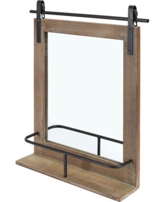 Rustic Industrial Wood-Framed Wall Mount Barn Door Vanity Mirror with Shelf and Iron Hardware