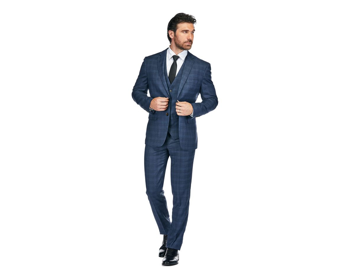Slim Fit 3PC Tailored Blue Check Men's Suit - Blue