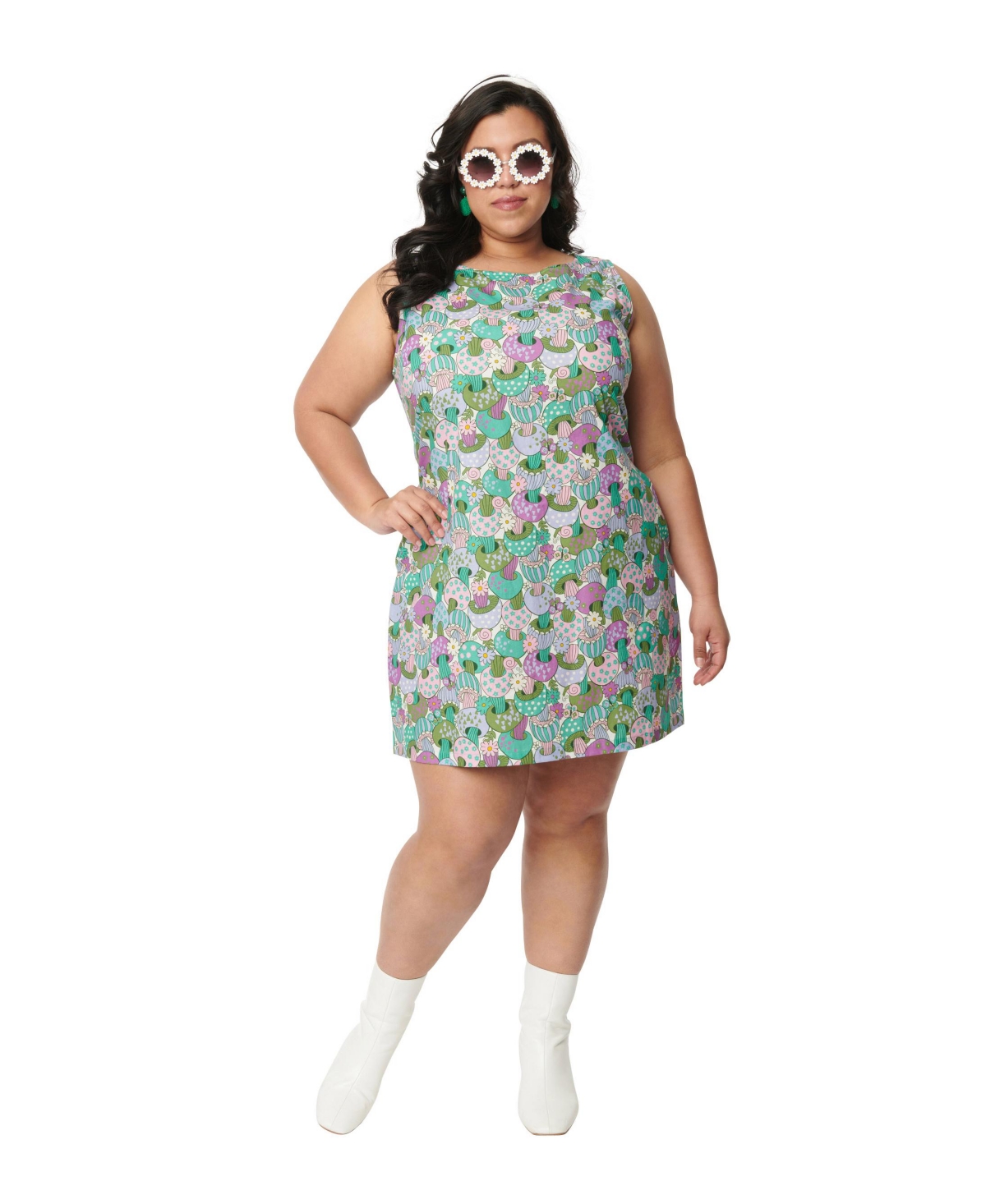 Plus Size Printed Scoop Neck Sleeveless Shift Dress - Teal groovy mushroom