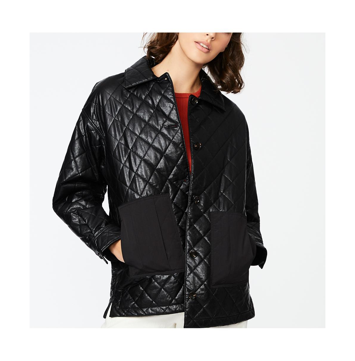Faux Leather Quilted Shirt Jacket - Black