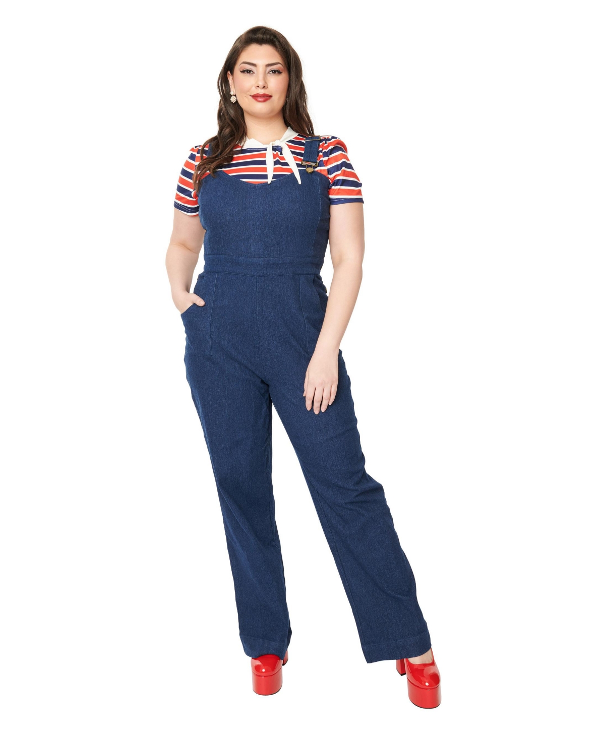 Plus Size Wide Leg Overall Dungaree Pants - Denim