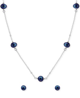 Macy's - Two-Pc. Set Dyed Black Cultured Freshwater Pearl (6mm) Collar Necklace & Stud Earrings in Sterling Silver (Also in White & Dyed Pink Cultured Freshwater Pearl)