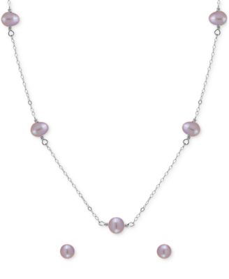 Macy's - Two-Pc. Set Dyed Black Cultured Freshwater Pearl (6mm) Collar Necklace & Stud Earrings in Sterling Silver (Also in White & Dyed Pink Cultured Freshwater Pearl)