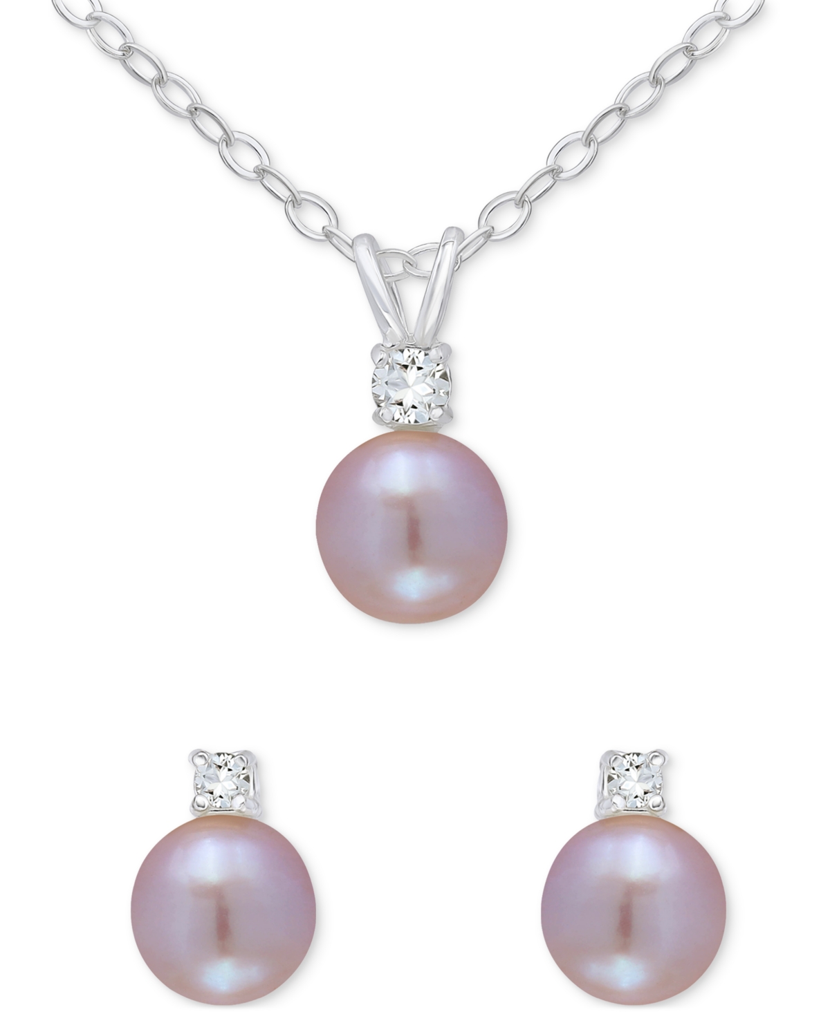 Macy's 2-piece Set Dyed Black Pearl (6mm) & White Topaz Accent Pendant Necklace & Matching Stud Earrings In In Pink
