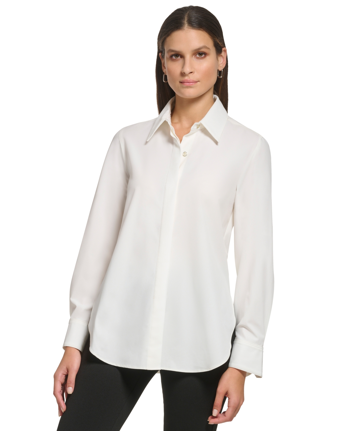 Dkny Women's Solid Covered-placket Long-sleeve Shirt In White