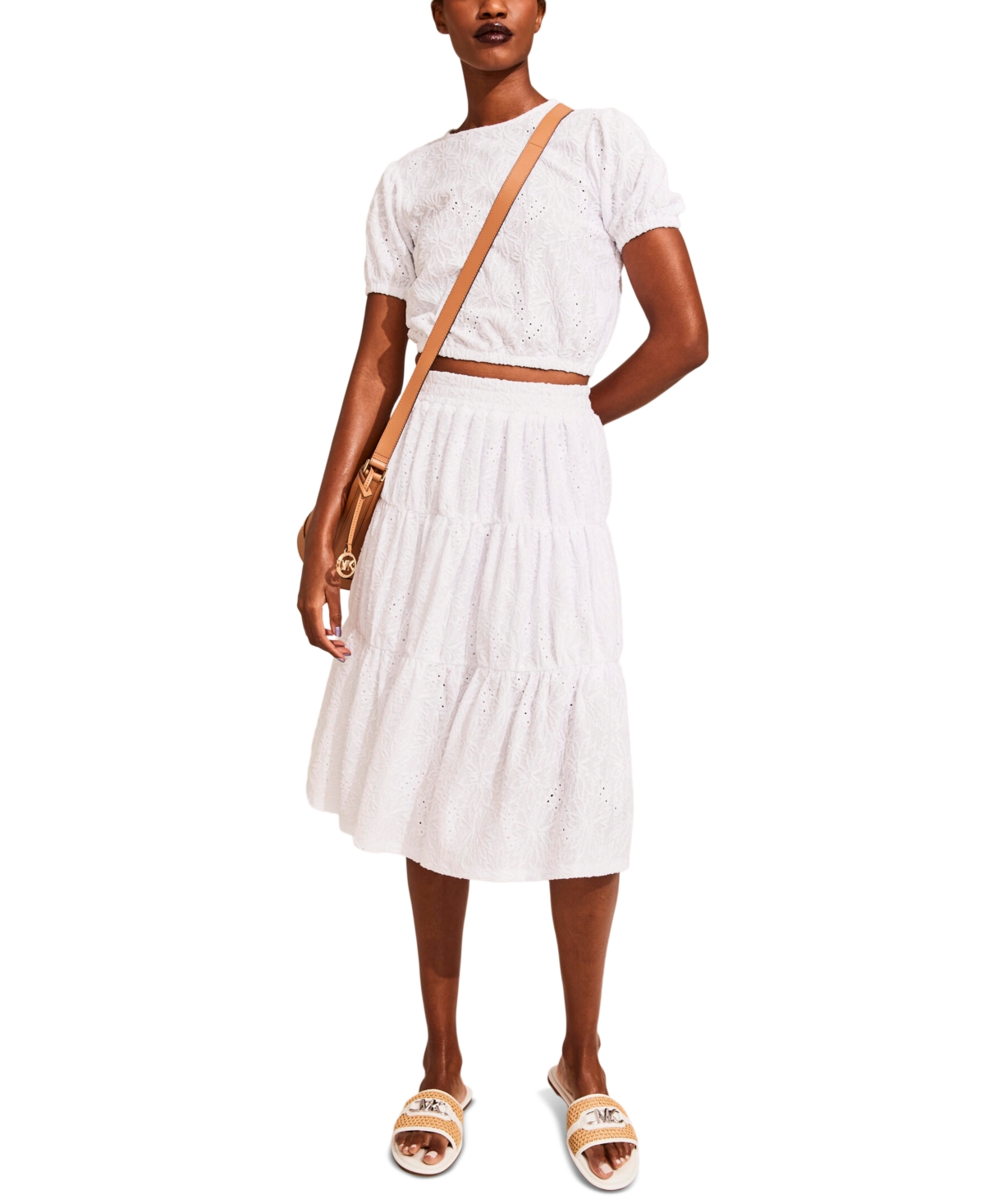 Shop Michael Kors Michael  Women's Ruffled Tiered Eyelet Midi Skirt In White