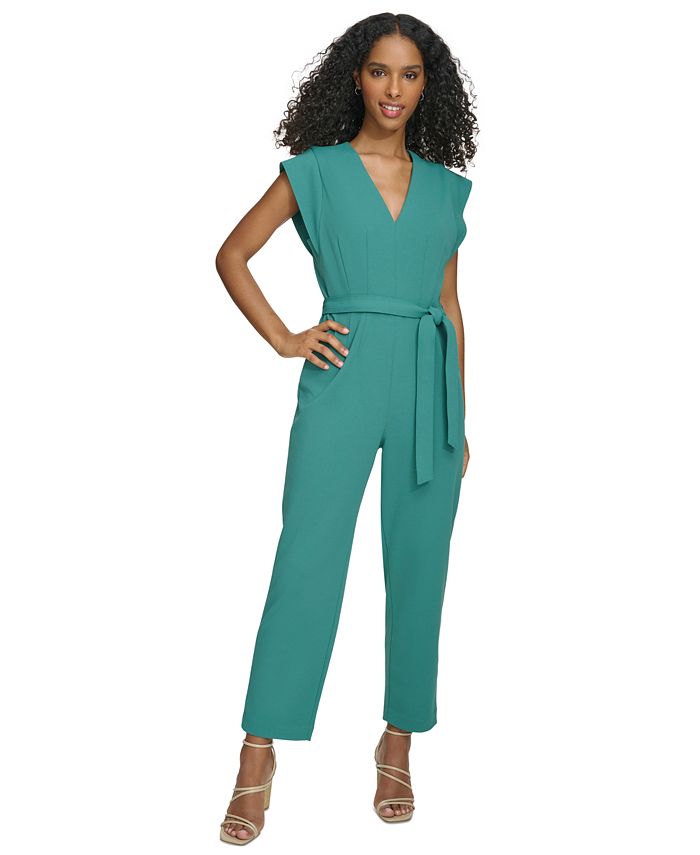 Calvin Klein Women's V-Neck Tie-Waist Cap-Sleeve Jumpsuit - Macy's