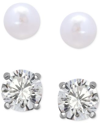 2-Pc. Set Cultured Freshwater Pearl (7mm) & Cubic Zirconia Stud Earrings in Sterling Silver, Created for Macy's