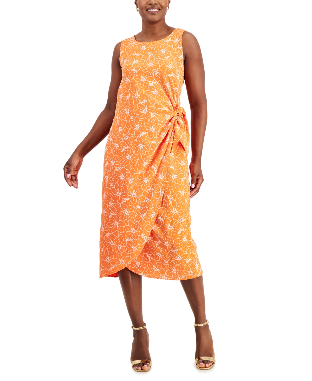 Women's Printed Faux-Wrap Midi Dress - Orange/whi