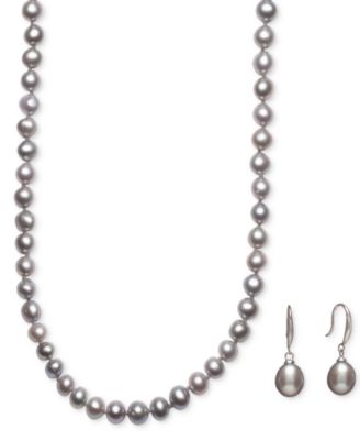 Cultured Freshwater Pearl Necklace (7-7 1/2mm) and Drop Earrings (7x9mm) Set in Sterling Silver