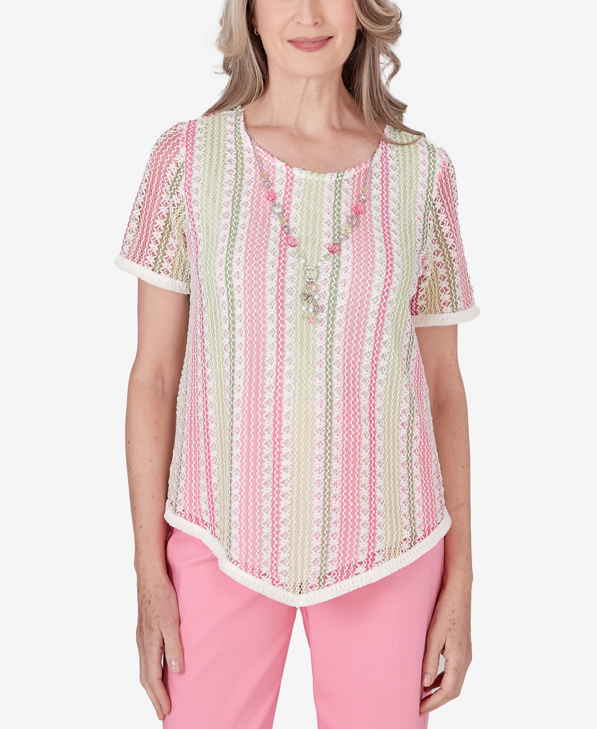 Shop Alfred Dunner Petite Miami Beach Vertical Striped Necklace Top In Multi