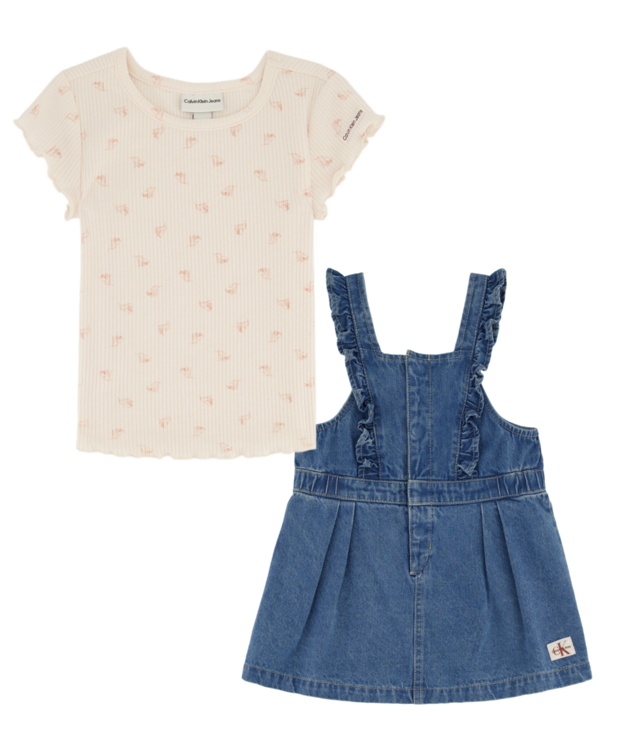 Calvin Klein Toddler Girls Lettuce Edge Ribbed T-shirt and Ruffle-Trim Denim Jumper, 2 Piece Set
