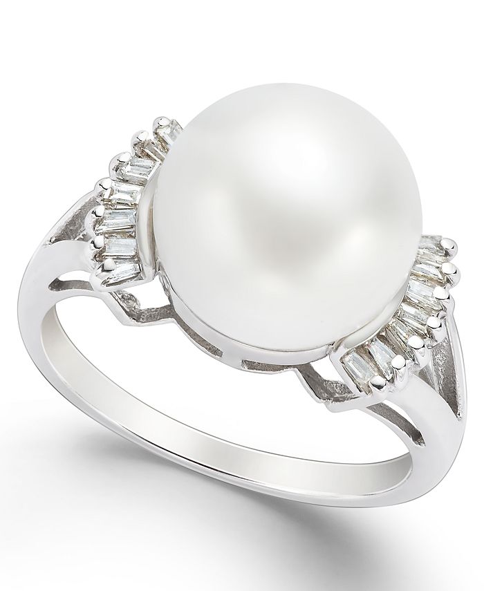 Macy's Cultured Freshwater Pearl (11mm) and Diamond (1/5 ct. t.w.) Ring ...