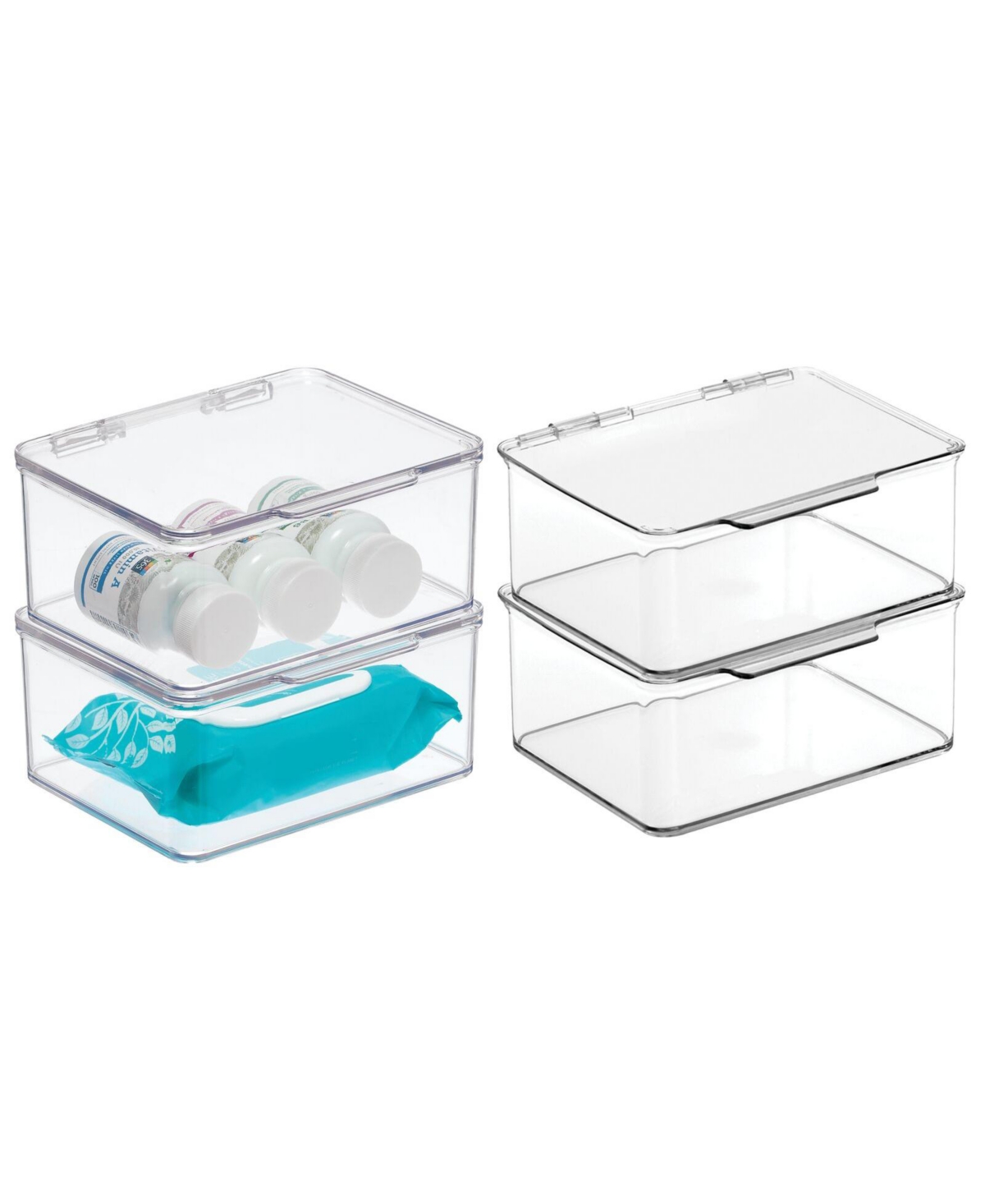 Plastic Bathroom Storage Organizer Bin Box with Hinge Lid, 4 Pack, Clear - Clear