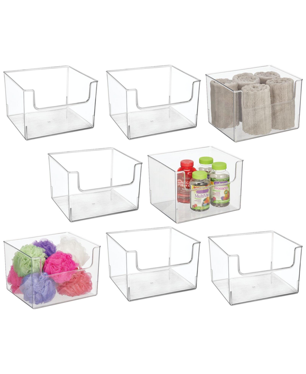 Plastic Bathroom Storage Organizer Bin with Open Front - 8 Pack - 12 x 10 x 8 - Clear