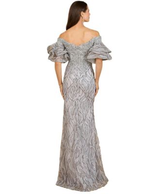 Women's Off shoulder mermaid beaded gown with tiered sleeves