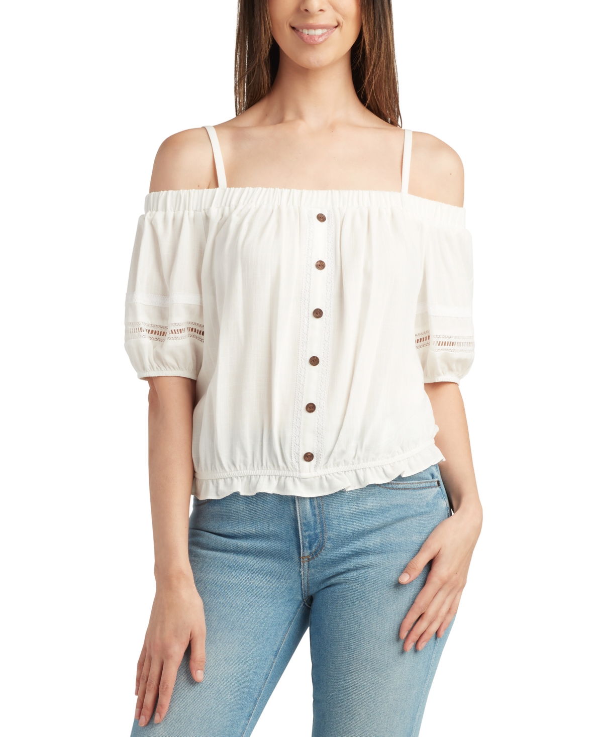 Juniors' Cold-Shoulder 3/4-Sleeve Pull-On Top - Off White
