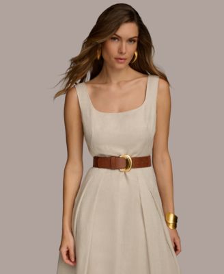 【Donna Karan New York】Sleeveless Linen-Blend Belted Dress Donna Karan New York Donna Karan Women's Belted Linen-Blend
