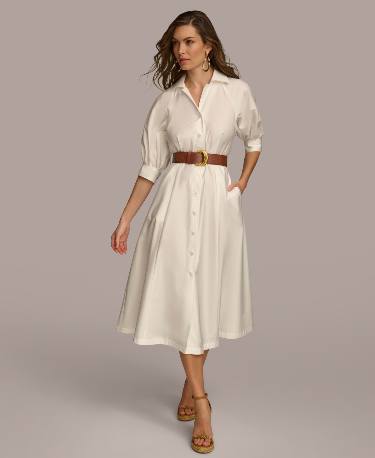 Women's Faux-Leather Belt Cotton Shirtdress - Rose Quart