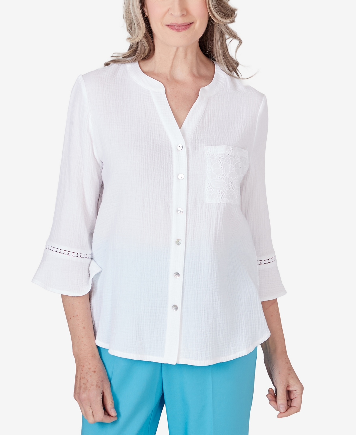 Alfred Dunner Women's Summer Breeze Button Down Gauze Top In White