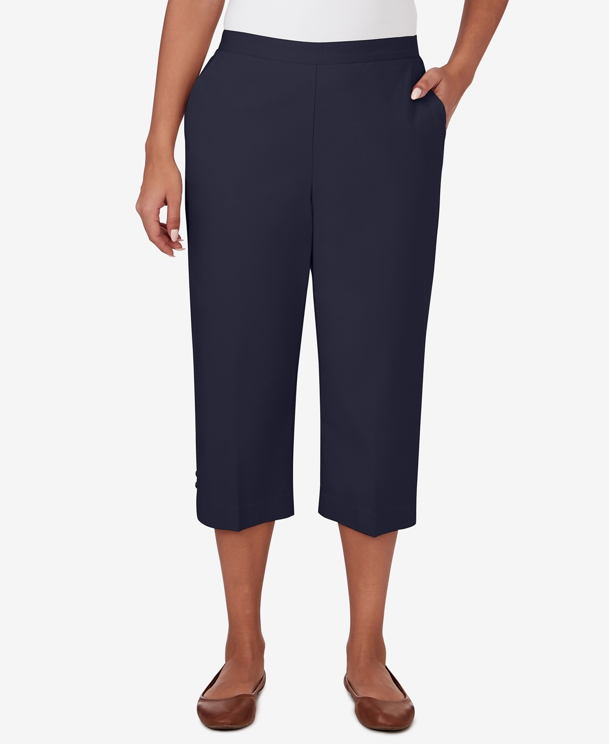 Shop Alfred Dunner Petite Classic Neutrals Mid Rise Pull On Button Hem Twill Capri Pants In Navy