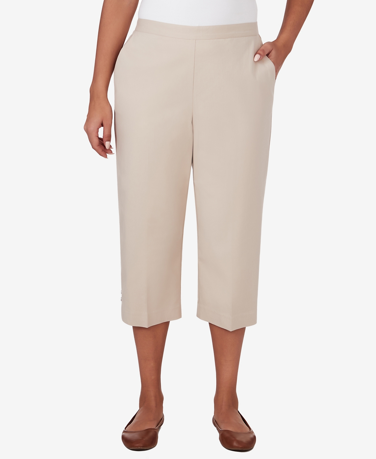Shop Alfred Dunner Petite Classic Neutrals Mid Rise Pull On Button Hem Twill Capri Pants In Stone