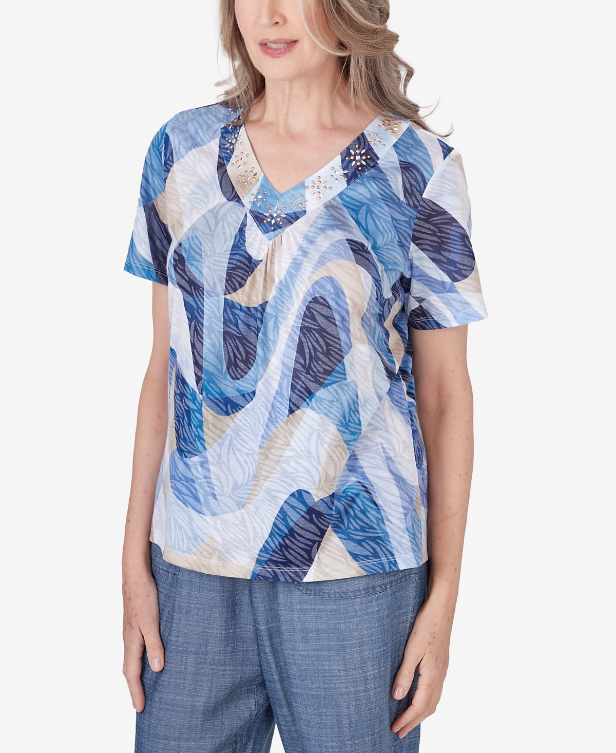 Shop Alfred Dunner Petite Blue Bayou Women's V-neck Wavy Abstract Top In Multi