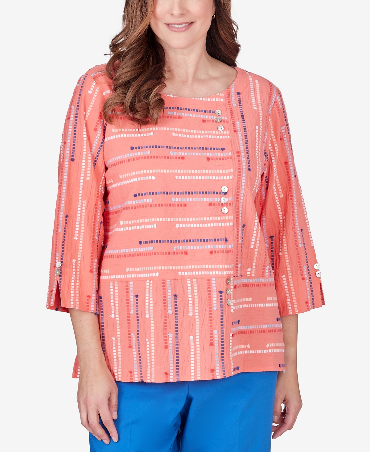 Alfred Dunner Women's Neptune Beach Geometric Blouse With Button Details In Coral