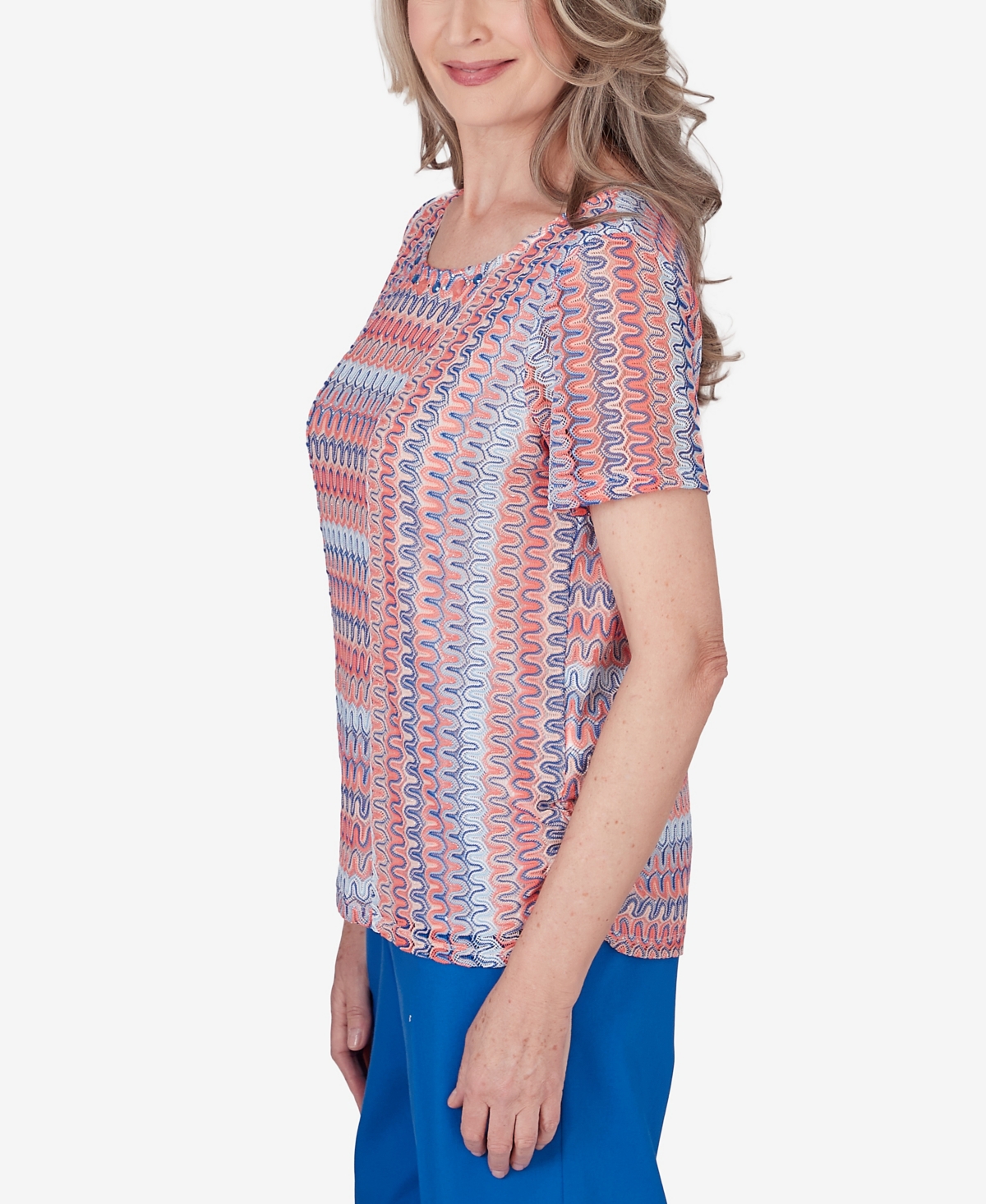Shop Alfred Dunner Petite Neptune Beach Textured Stripe Side Ruched Top In Multi